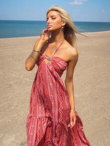 Sydney Algeri Vestido Elegante de Fiesta con Estampado de Vacaciones, Espalda Descubierta y Halter - Multicolor - Ver 6