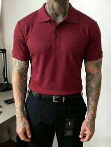 JOLTRO 男士素色短袖休閒通勤 Polo 衫 - 酒紅色 - 查看 4