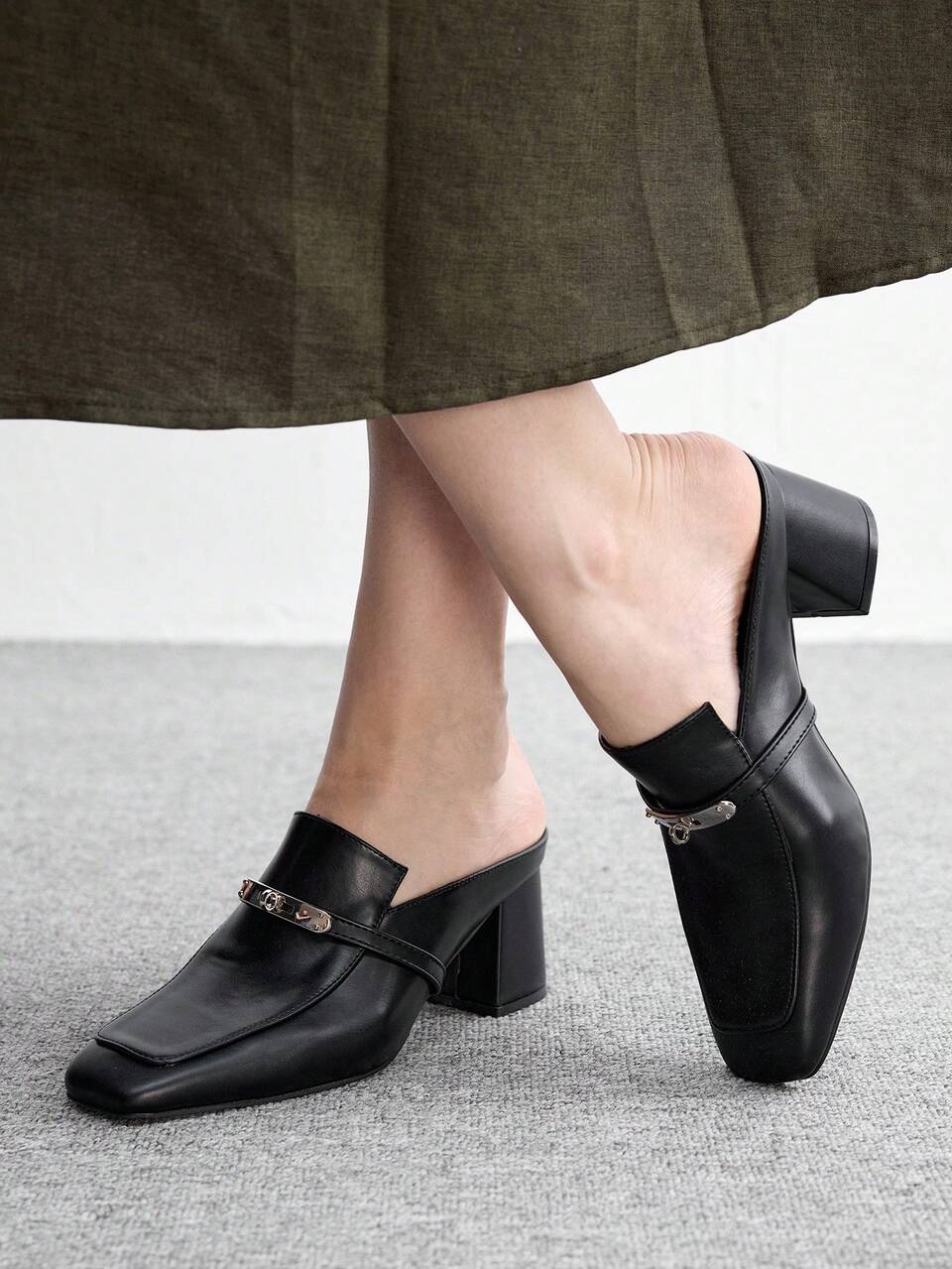 CUCCOO BIZCHIC European And American Buckle Thick Heel Mule Slip-On Shoes For Women Fall Shoes