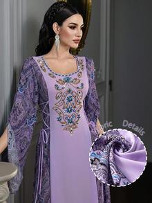 Layrah Vintage Print Colorblock Side Cinched Waist Handmade Rhinestone Embellished Arabian Dress - Purple - View 4
