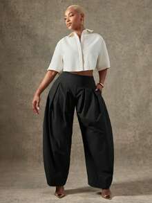 Vixey High Waist Pleated Detail Barrel Leg Office Pants - Black - View 2