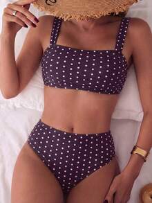 Swim Mod Summer Women's Swimwear Multicolor Random Print Shoulder Strap Top And High Waist Swim Bottoms Beach Vacation 2 Pieces Bikini Set - Multicolor - View 1