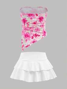 Girlism Conjunto de 2 peças para meninas pré-adolescentes: Top tomara que caia com estampa floral e franzido, bainha assimétrica; e Saia branca fofa com camadas - Rosa chiclete - Visão 2