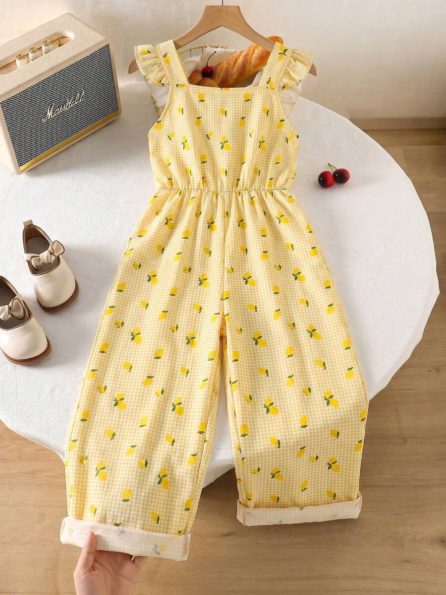 SHEIN 1件女童大童少女復古休閒修身獨特櫻桃圖案滿版印花連身褲,適合夏季戶外活動與校園穿著 - 黃色 - 查看 1