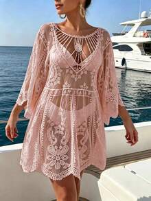 Swim Vcay 女款夏季度假鏤空花朵刺繡罩衫洋裝 - 粉色 - 查看 1