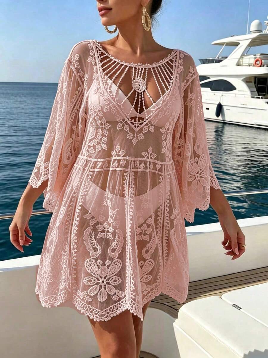 Swim Vcay 女款夏季度假鏤空花朵刺繡罩衫洋裝 - 粉色 - 查看 1