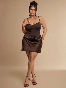 SHEIN BAE CURVE Plus Size Women's Lace Trim Sexy Date Party Spaghetti Strap Dress, Summer Outfits, Independence Day, 4th Of July, Elegant - Brown - View 1