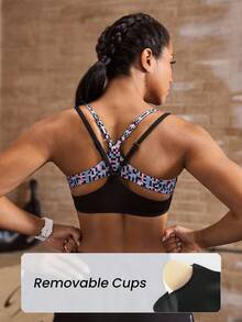 Powerista Women's Patchwork Geometric Print 2 In 1 Casual Fitness Sports Bra - Black - View 3