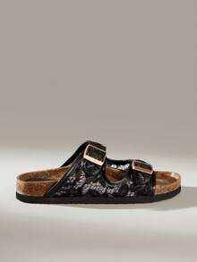 Solecia Women's Mesh Hollowed-Out Double-Button Slippers, Open-Toed Flat-Bottomed Retro Versatile And Breathable Slippers Summer - -8 mesh black - View 3