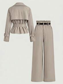 SHEIN Clasi Women Button-Up Tie Waist Trench Coat In Fall/Winter , Casual Spring - Khaki - View 2