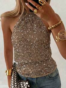 Lucivie Women's Elegant Coffee Brown Sequin Sparkly Halter Neck Top,Seksi Chic Backless Ruched Sleeveless Cami Blouse For Summer,Club Night,Party & Wedding - Brown - View 8