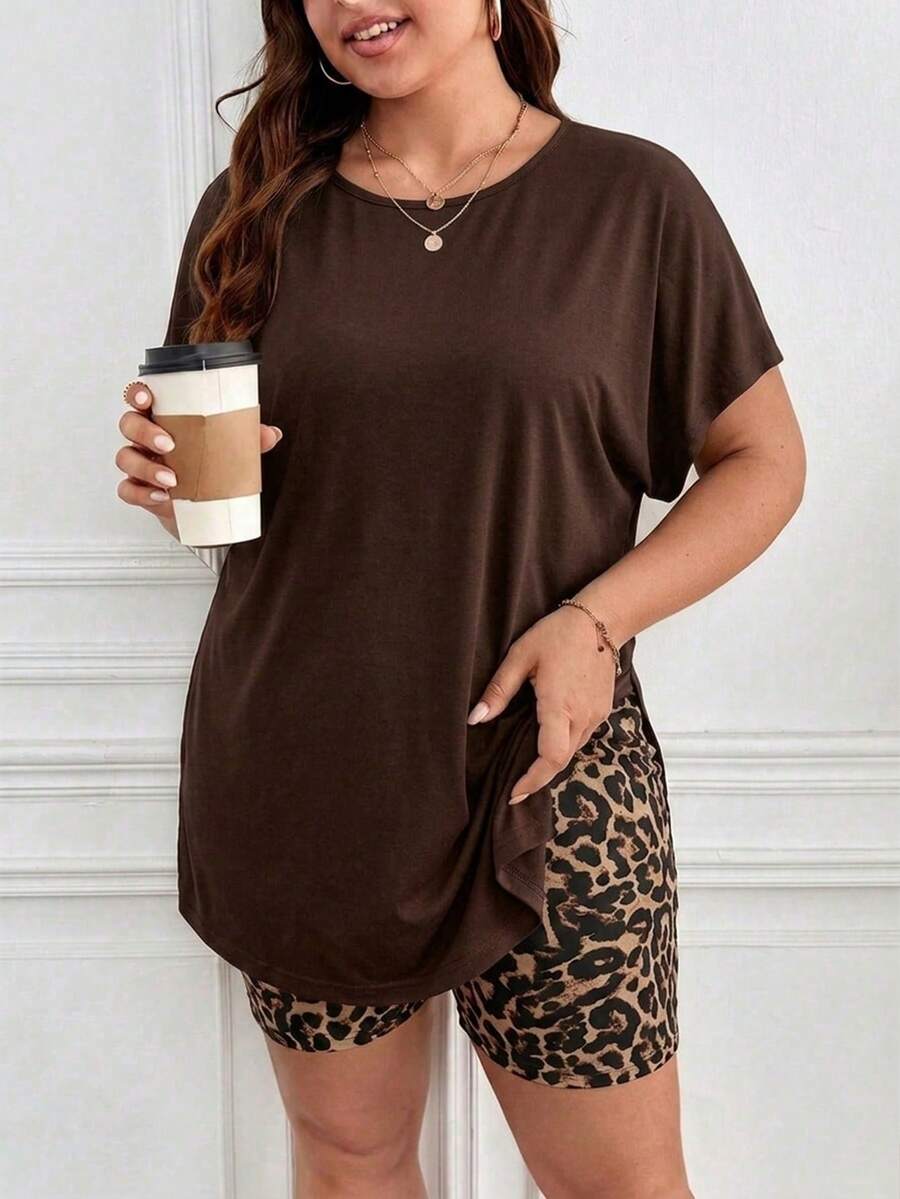 SHEIN Frenchy Casual Minimalist Leopard Print Pattern Plus Size 2 Pieces Set Suitable For Summer - Multicolor - View 1