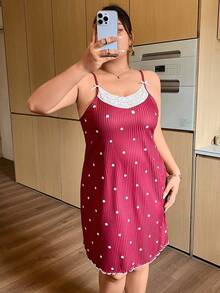 Dream Adore Plus Size Polka Dot Ribbed Lace Cami Nightgown - Red - View 1