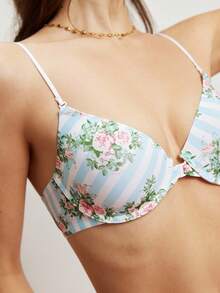 Elorette Sujetador con cierre delantero con estampado floral azul claro, con soporte, de estilo romántico campestre para mujeres - Celeste - Ver 5