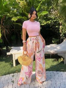 SHEIN SXY Conjunto casual de dos piezas para mujer talla grande con camiseta corta de manga corta y cuello redondo de unicolor y pantalones con estampado de estrella de mar - Multicolor - Ver 5
