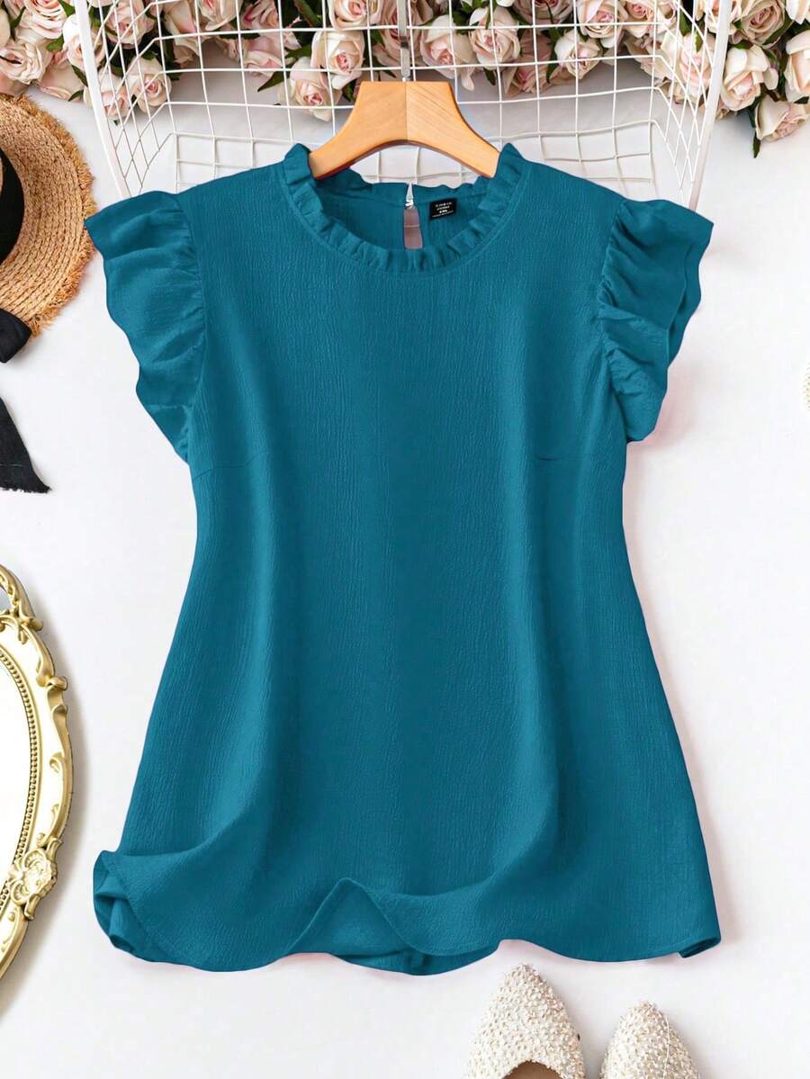 EMERY ROSE Plus Size Summer Casual Solid Color Shirt - Blue - View 1