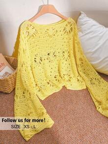 Story & Sage Women's Casual Sexy Breezy Tropical Loose Crochet Hollow Knit Sweater, Pastel Yellow Long Sleeve, Suitable For Autumn, Home Vacation Vacation Beach - Yellow - View 2