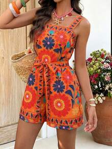 Flora Isola Flora Isola Women's Spring/Summer Short Positioned Print Vacation Jumpsuit - Orange - View 4