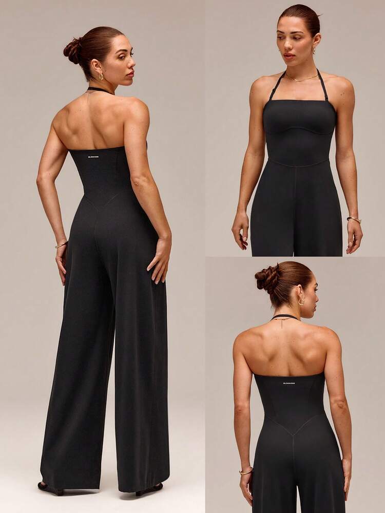 31" Quick-Dry Glow Motion Wide Leg Halter Anti-Slip Jumpsuit With Detachable Adjustable Shoulder Straps Removable Cups Low Impact Daily Casual Wear