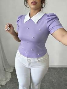 Elenzga 夏季珍珠裝飾 3D 泡泡袖法式復古風短版修身大尺碼 T-shirt - 淡紫色 - 查看 5