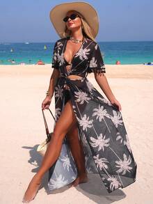 Swim Lushoire Women's Spring/Summer Beach Vacation Mesh Print Tassel Short Sleeve Cinched Waist V-Neck Maxi Vacation Dress Cover-Up Black Tropical - Black - View 6