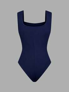 GlowEve Women's Solid Color Button Design Casual Tank Top Bodysuit - Navy Blue - View 5