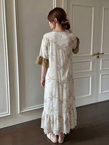 Napfluff Contrast Color Ruffle Trim Short Sleeve Romantic Floral Print Long Nightgown - Multicolor - View 2