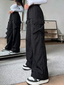 SHEIN EZwear 休閒素色梭織高腰寬腿女款長褲 - 黑色 - 查看 6