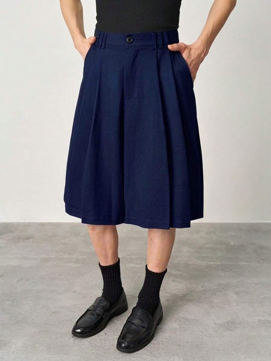 STYNVO Men's Solid Color Pocket Pleated Loose CasualBermuda Shorts - Navy Blue - View 1
