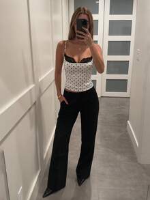 SHEIN PETITE Women's French Sexy Polka Dot Print Lace Patchwork Cropped Camisole ,Petite Women - Black and White - View 9