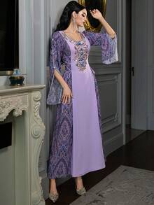 Layrah Vintage Print Colorblock Side Cinched Waist Handmade Rhinestone Embellished Arabian Dress - Purple - View 8