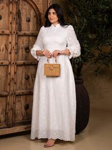The Leen Edit Women's French Stand Collar Puff Sleeve Dress With Drape Design Fall Cloth For Women Elegant White - White - View 1