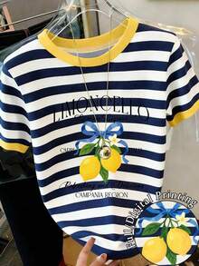 EMERY ROSE 女款圓領條紋花卉字母印花休閒百搭日常穿著短袖T恤 度假全印花白色夏季 - 彩色 - 查看 1
