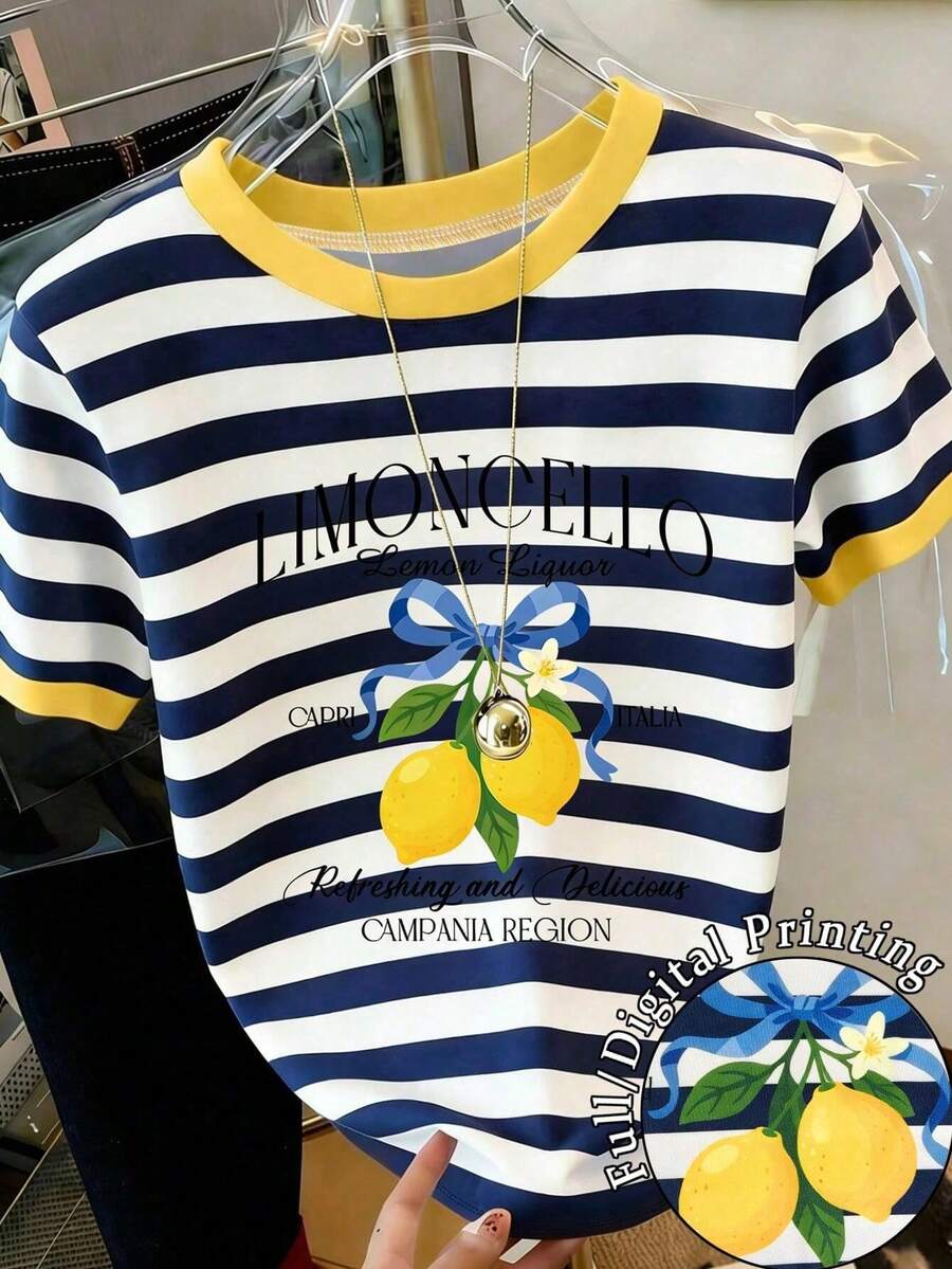 EMERY ROSE 女款圓領條紋花卉字母印花休閒百搭日常穿著短袖T恤 度假全印花白色夏季 - 彩色 - 查看 1