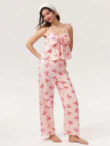 Elorette Conjunto de Pijama Feminino com Alça Fina e Laço Romântico - Rosa chiclete - Visão 6
