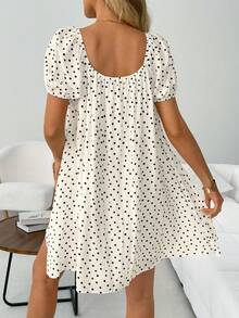 SHEIN LUNE Women's Casual French 70s White And Black Polka Dot Summer Vacation Commute Daily Basic Fashion Outing Outfit Petal Sleeve Mini Dress Brunch - White - View 2