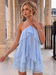 Vowa Elegant Cold Shoulder Chiffon Multilayer Ruffle Hem A-Line Dress For Wedding Rehearsal Dinner Gala Dinner Hen Party Baby Shower Formal White Summer - Baby Blue - View 7