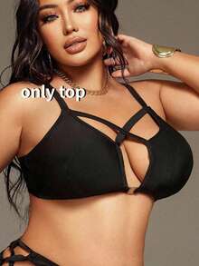 Swim SXY Simple Sexy Plus Size Women's Summer Beach Solid Color Spaghetti Strap Hollow Out Bikini Set - Black - View 4