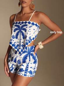 Swim Oasis Women's Elegant Tropical Shell Print Blue And White Boho Cropped Top Shorts Outfit Sets,Summer Casual Tropical Holiday Vacation Beach Resort Wear - Blue - View 4