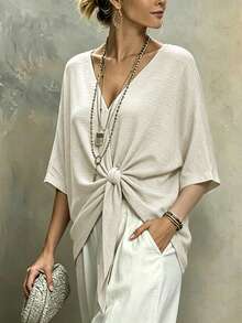 Isle Nomé Women's Casual Linen-Like Solid Color V-Neck Twist Knot Blouse, Spring/Summer - Khaki - View 6