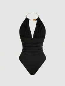 Sweetra Bodysuit nữ size lớn phong cách Âu Mỹ, cổ yếm hở lưng, đính dây xích kim loại trang trí kèm vòng cổ choker kim loại - màu đen - Xem 2