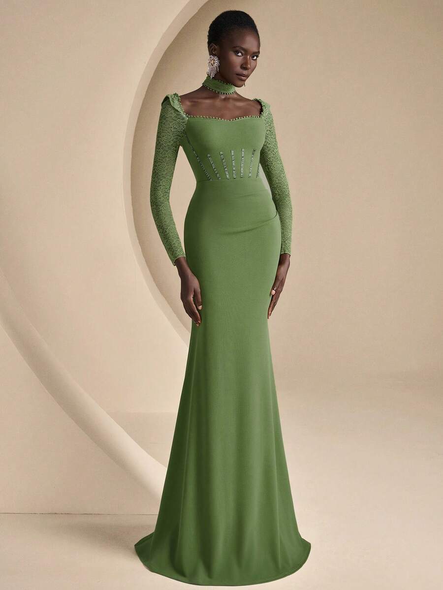 Coutiva Women's Lace Patchwork Formal Evening Gown - Olive Green - View 1