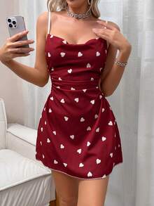 SHEIN Women's Sleepwear With Side Cutout Ruched Spaghetti Strap & Printed Design - Burgundy - View 3