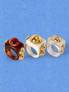 Popjeli 3 piezas 1 set de anillos cuadrados de resina personalizados con ojo de diablo, joyería de mujer de estilo punk de verano apilada y neutra, adecuada para fiestas y vacaciones - Multicolor - Ver 11