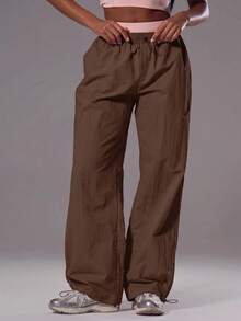 Musera Sport Adjustable Toggle Light Weight Active Shell Pants Workout Gym Sports Pilates Fitness Daily Casual Hibiscus - Chocolate Brown - View 2