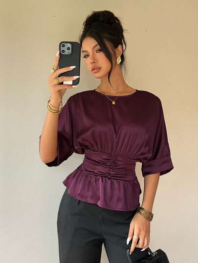 Siren Gaze Blusa de verano nueva con cintura definida, unicolor y mangas murciélago para mujeres