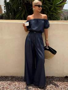 Dazy Tall Women's Off-Shoulder Cropped Top And Loose Straight Leg Jeans Vacation Set - Dark Wash - View 2