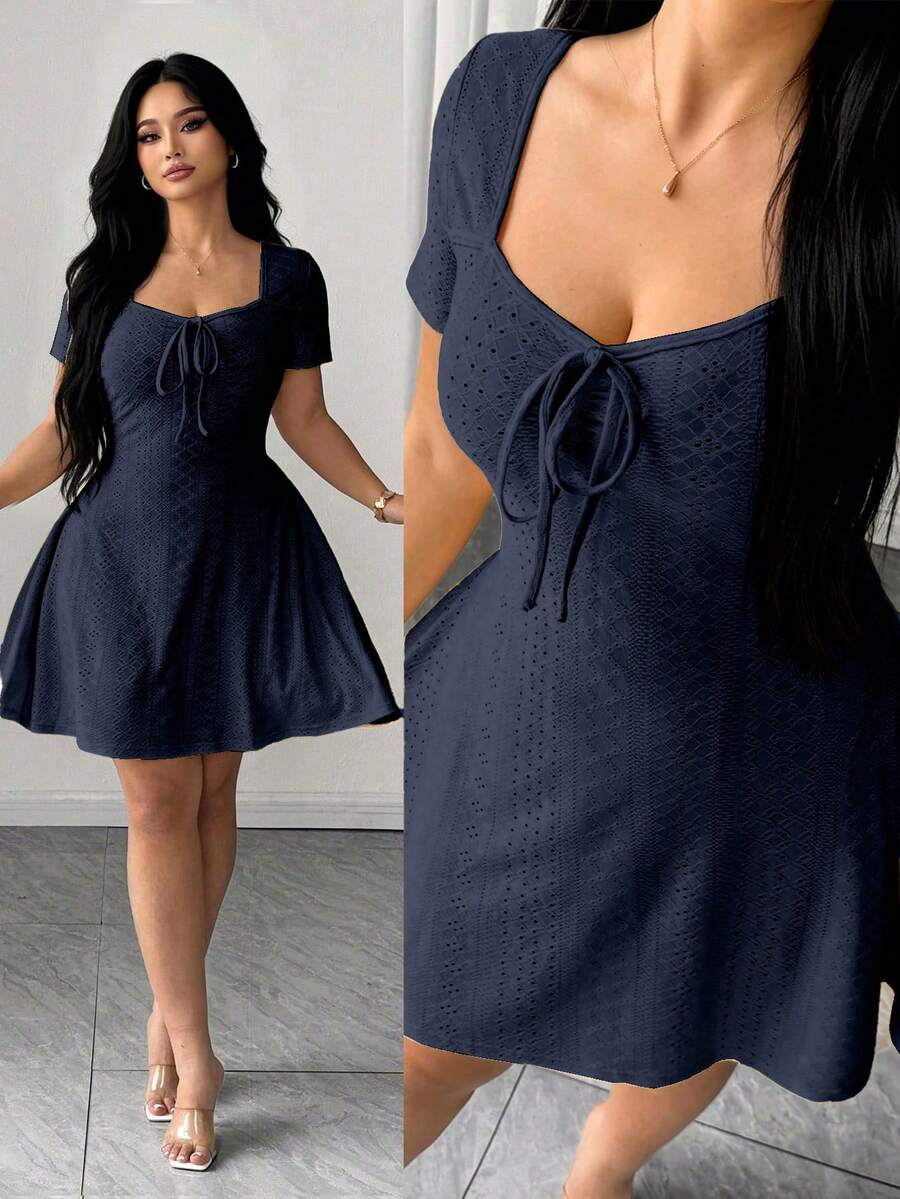 Elenzga Plus Size Fitted Slimming Fashion Yellow Jacquard Dress - Blue - View 1