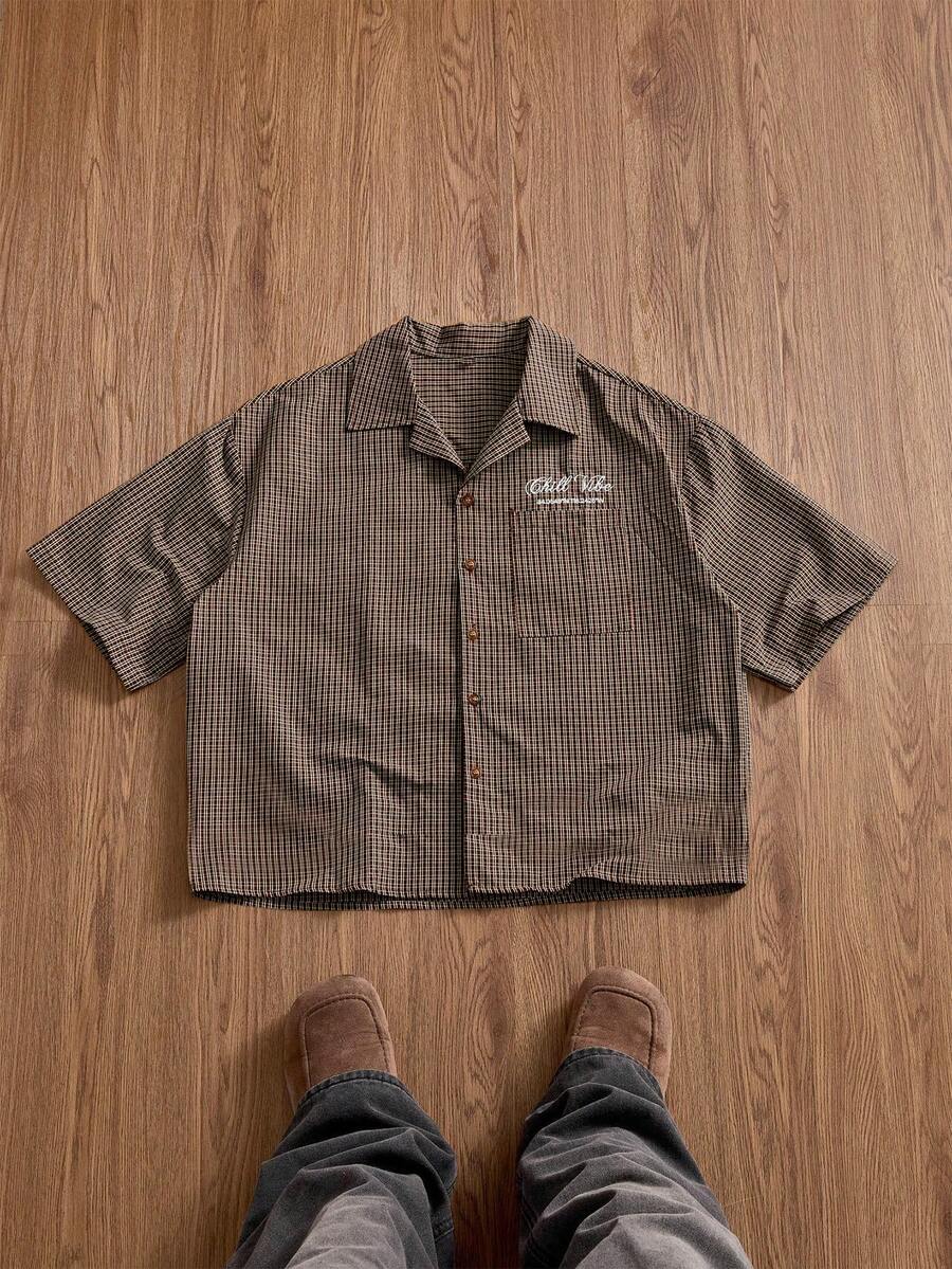 SWAVVY Men's Plaid Letter Print Single-Breasted Casual Versatile Daily Outing Shirt - Brown - View 1