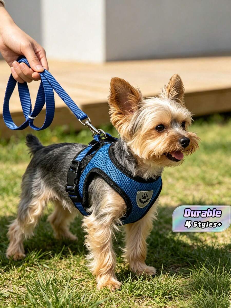 透气反光格纹包边胸背小型犬连体衣,配有牵引绳,猫狗通用,室内外均可使用。 - 藍色 - 查看 1